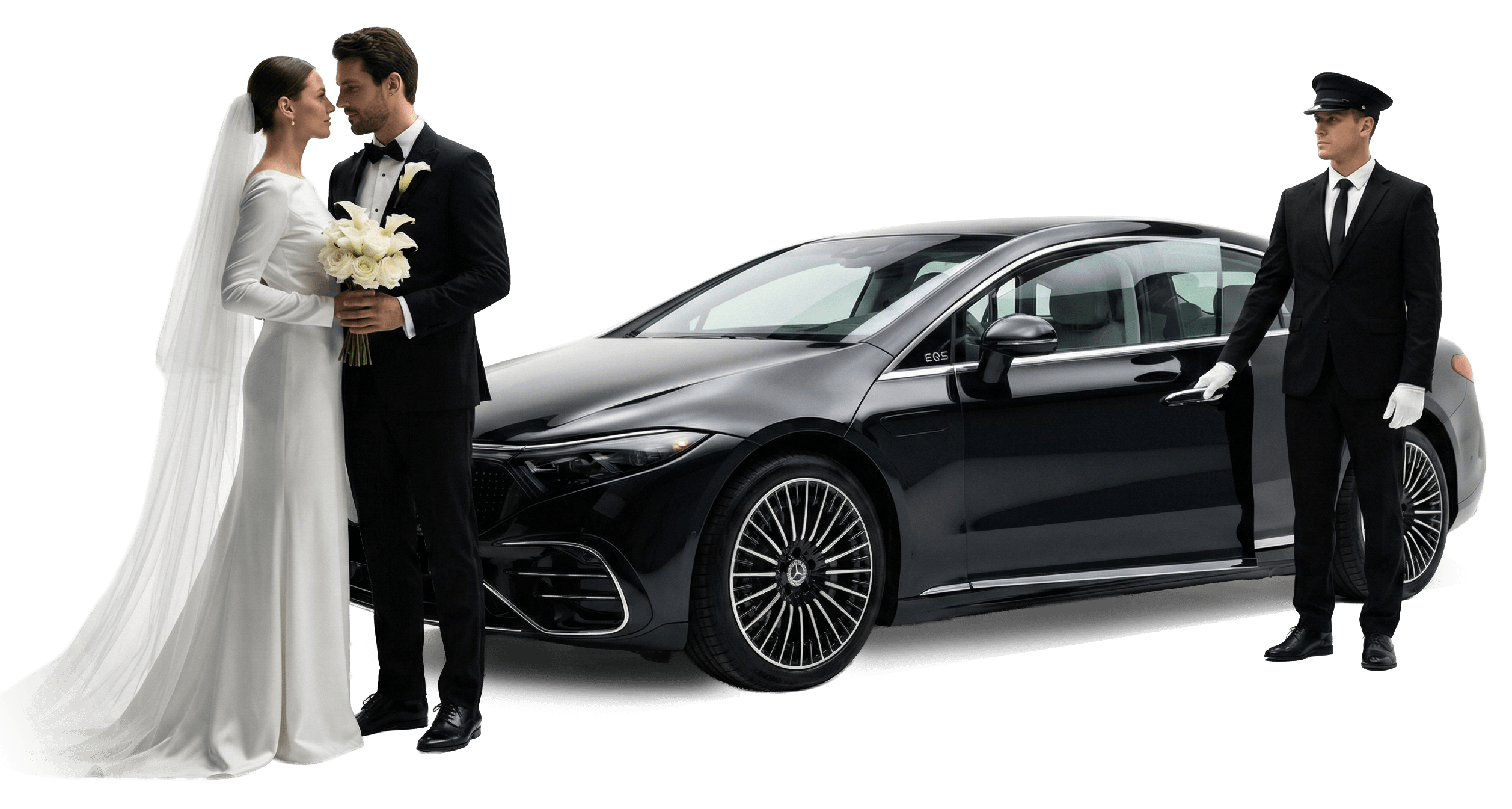 Casal e chauffeur com viatura premium