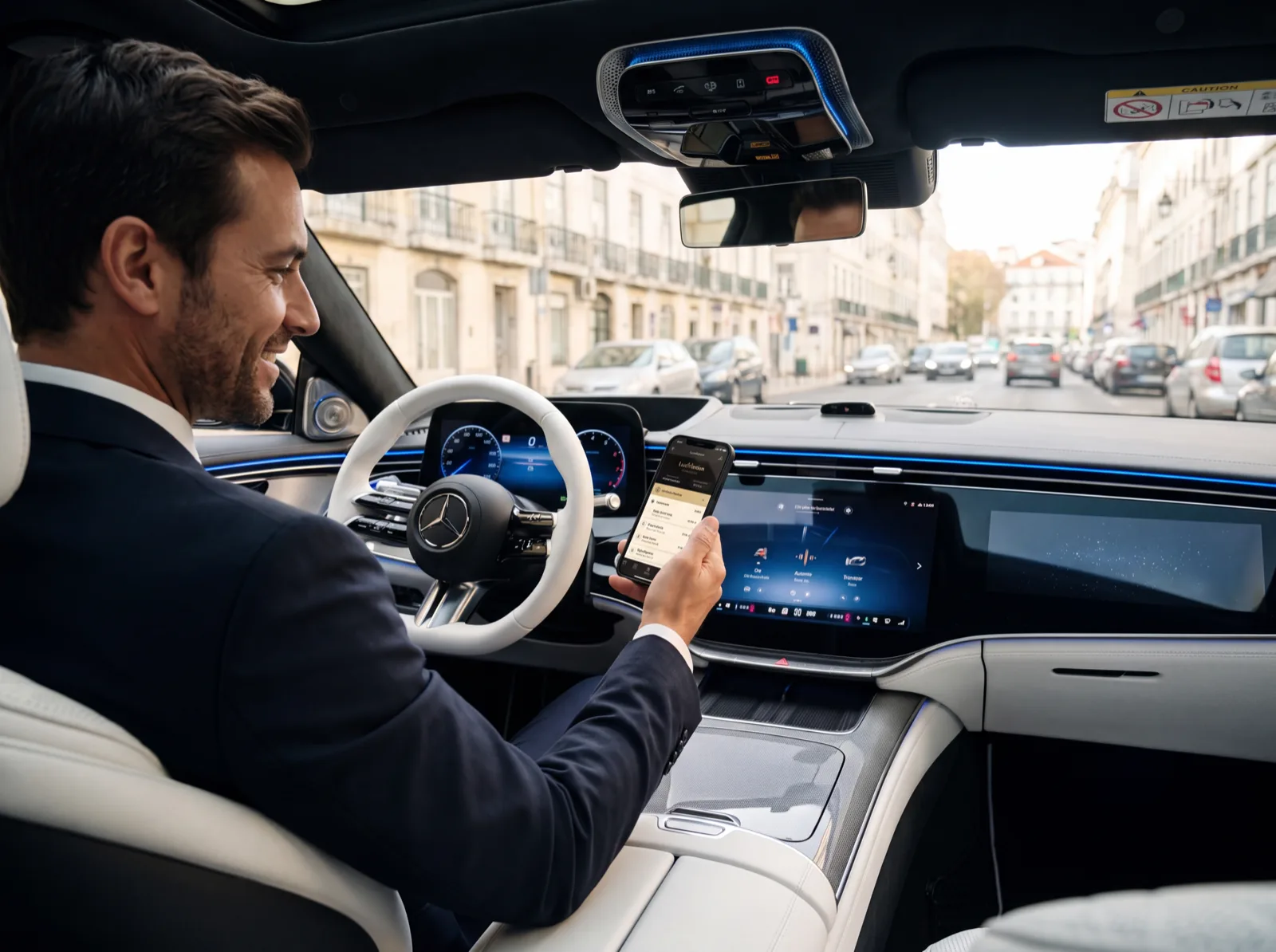 Fahrer schaut am Steuer eines Mercedes in Lissabon in die App
