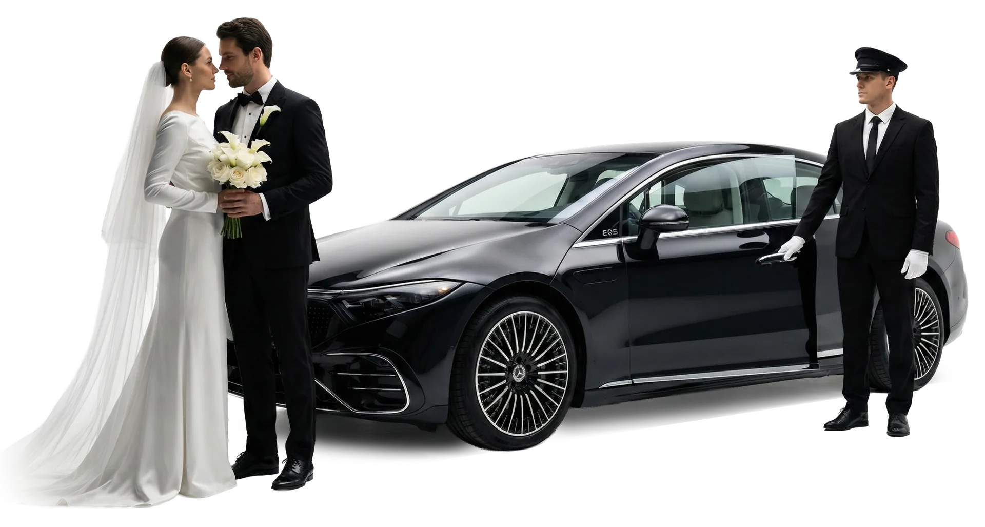 Brautpaar mit Chauffeur und Luxuslimousine